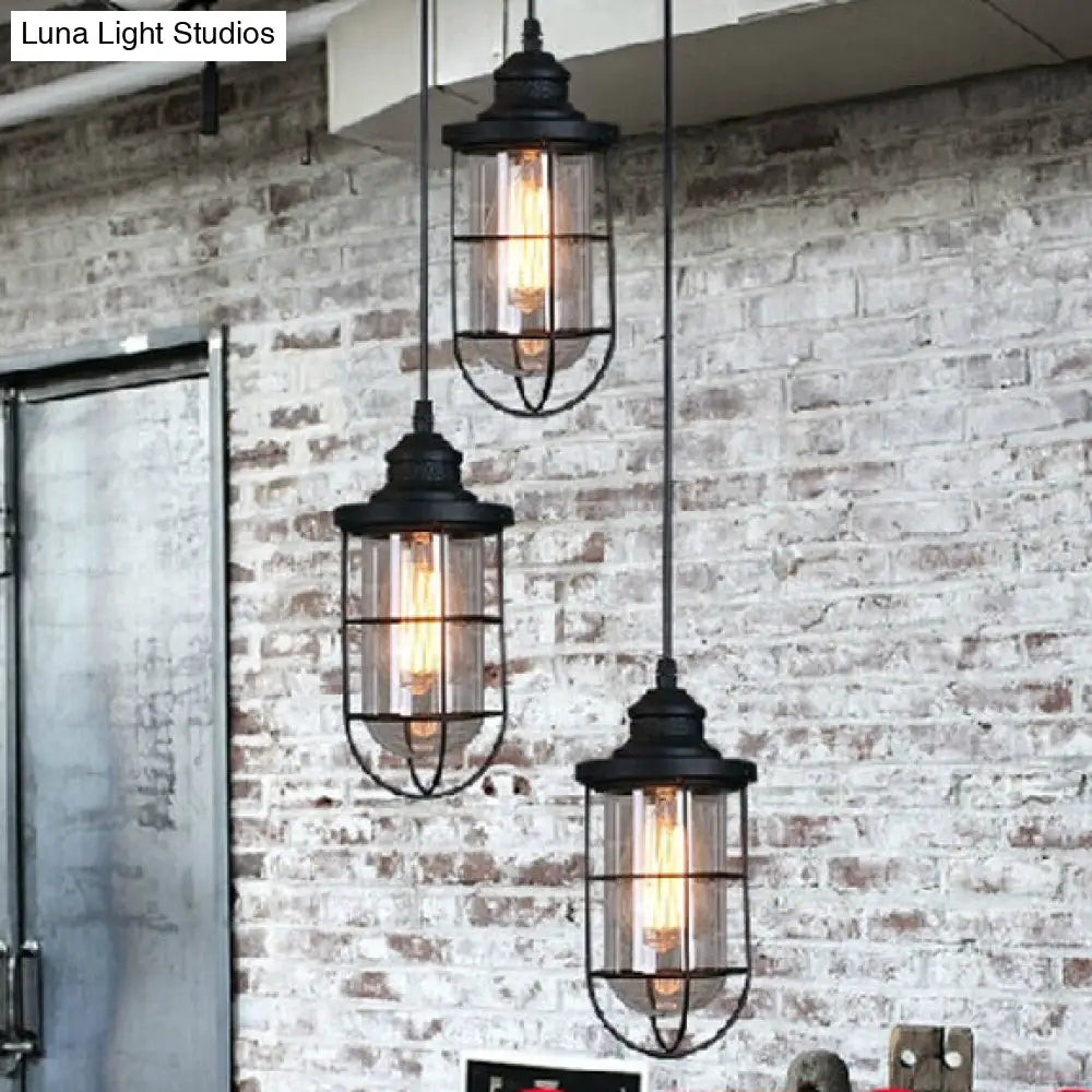 Caged Industrial Pendant Light With Black Clear Glass Bulbs - Linear/Round Canopy Kit 3 / Round