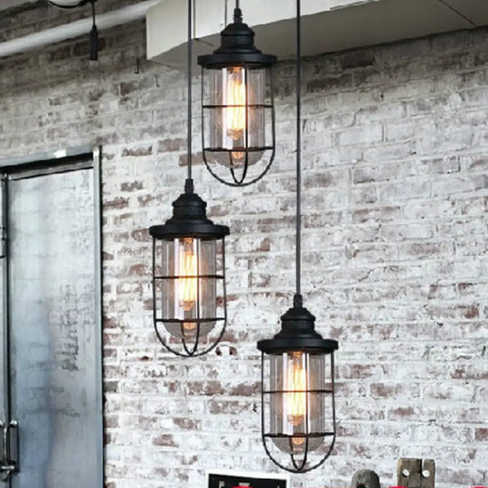 Industrial Black Clear Glass Pendant Light Kit With Caged Multiple Lamps - 2/3 Bulbs Linear/Round