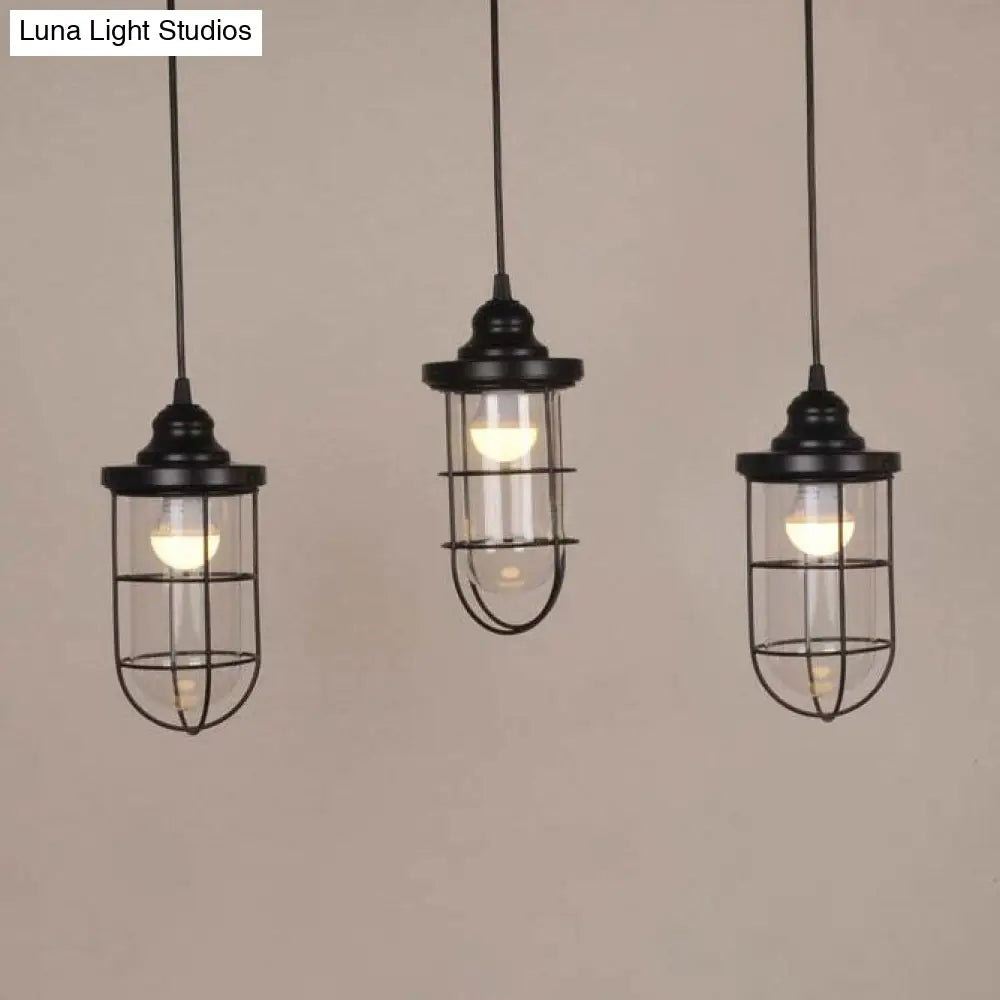 Caged Industrial Pendant Light With Black Clear Glass Bulbs - Linear/Round Canopy Kit