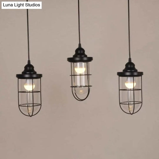 Caged Industrial Pendant Light With Black Clear Glass Bulbs - Linear/Round Canopy Kit