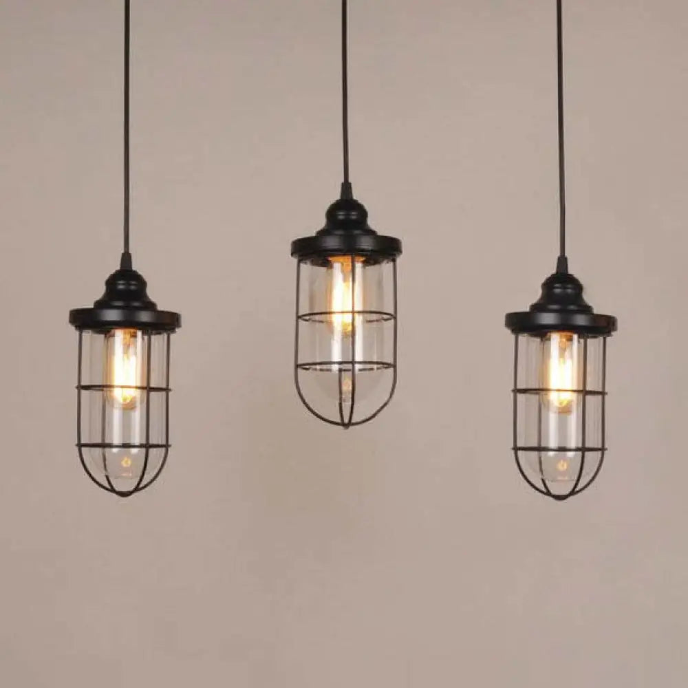 Industrial Black Clear Glass Pendant Light Kit With Caged Multiple Lamps - 2/3 Bulbs Linear/Round