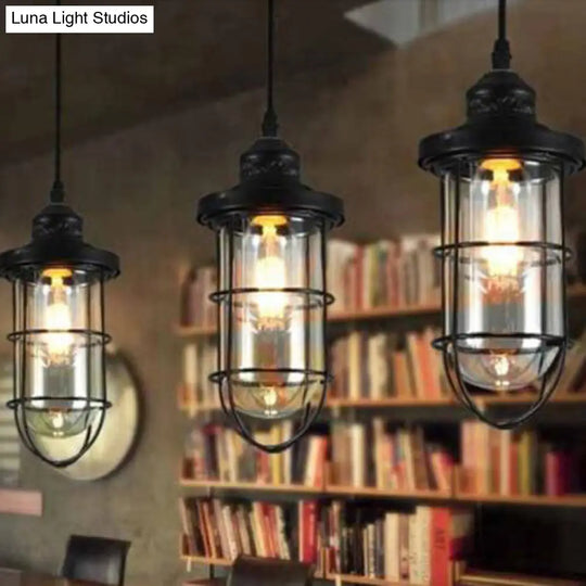 Caged Industrial Pendant Light With Black Clear Glass Bulbs - Linear/Round Canopy Kit