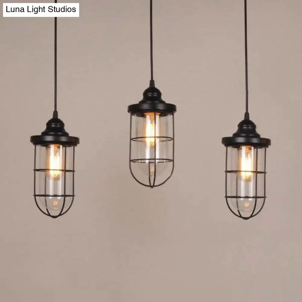 Caged Industrial Pendant Light With Black Clear Glass Bulbs - Linear/Round Canopy Kit 3 / Linear