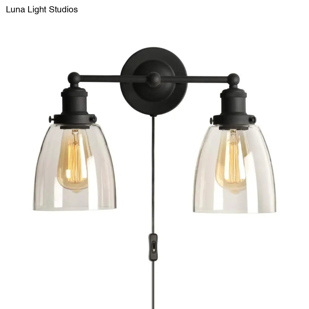 Industrial Black Clear Glass Wall Lamp - 2-Light Tapered Sconce Light With Plug-In Cord For Kitchen