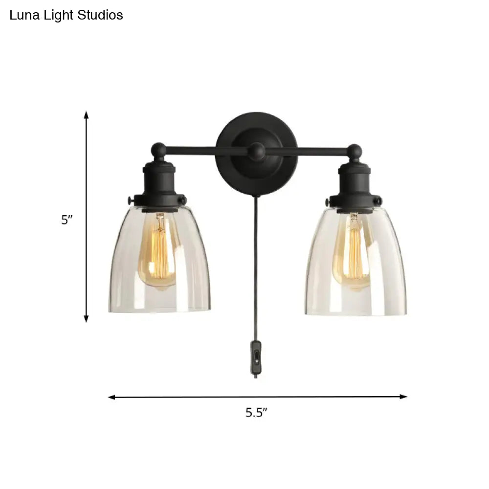 Industrial Black Clear Glass Wall Lamp - 2-Light Tapered Sconce Light With Plug-In Cord For Kitchen