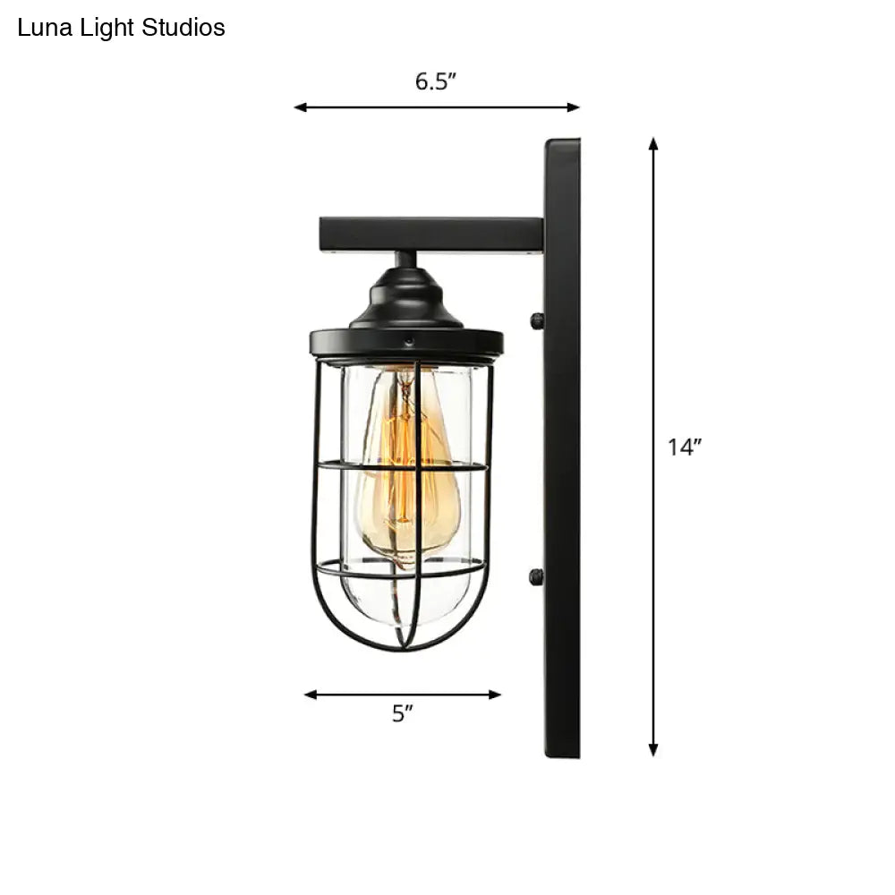 Industrial Black Clear Glass Wall Mounted Light Fixture With Cage - 1 Bulb