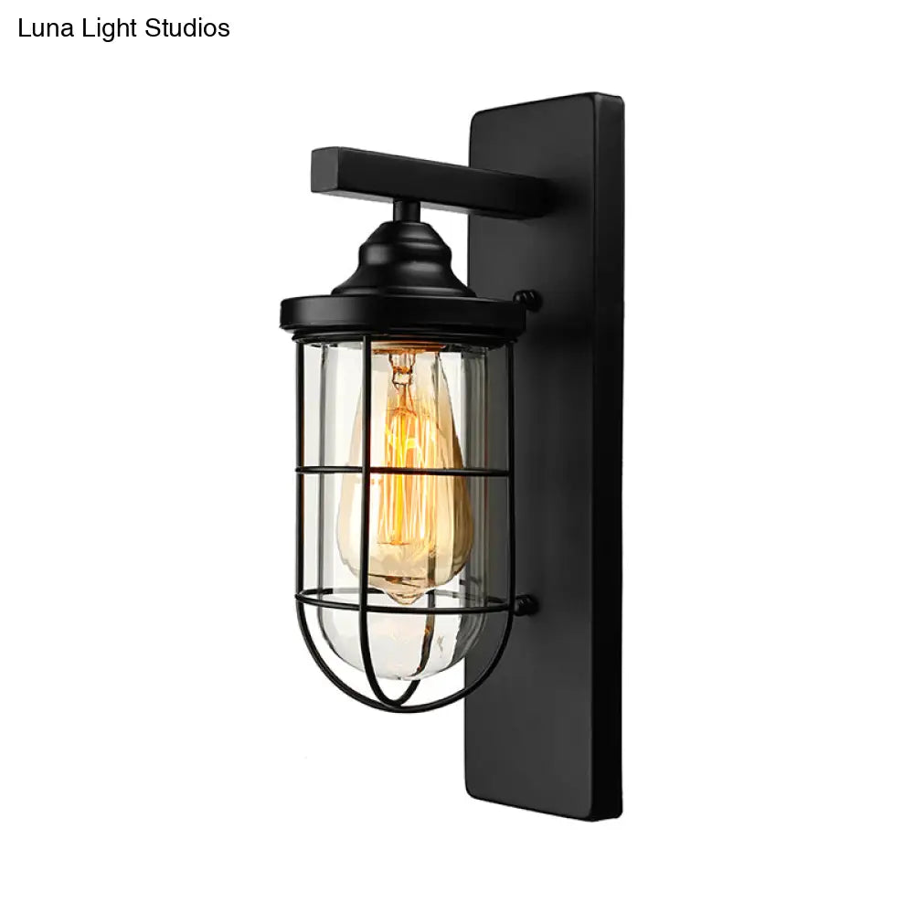 Industrial Black Clear Glass Wall Mounted Light Fixture With Cage - 1 Bulb