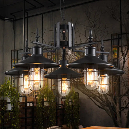 Industrial Black Cone Chandelier - 5-Light Clear Glass Pendant Light Fixture With Iron Cage For