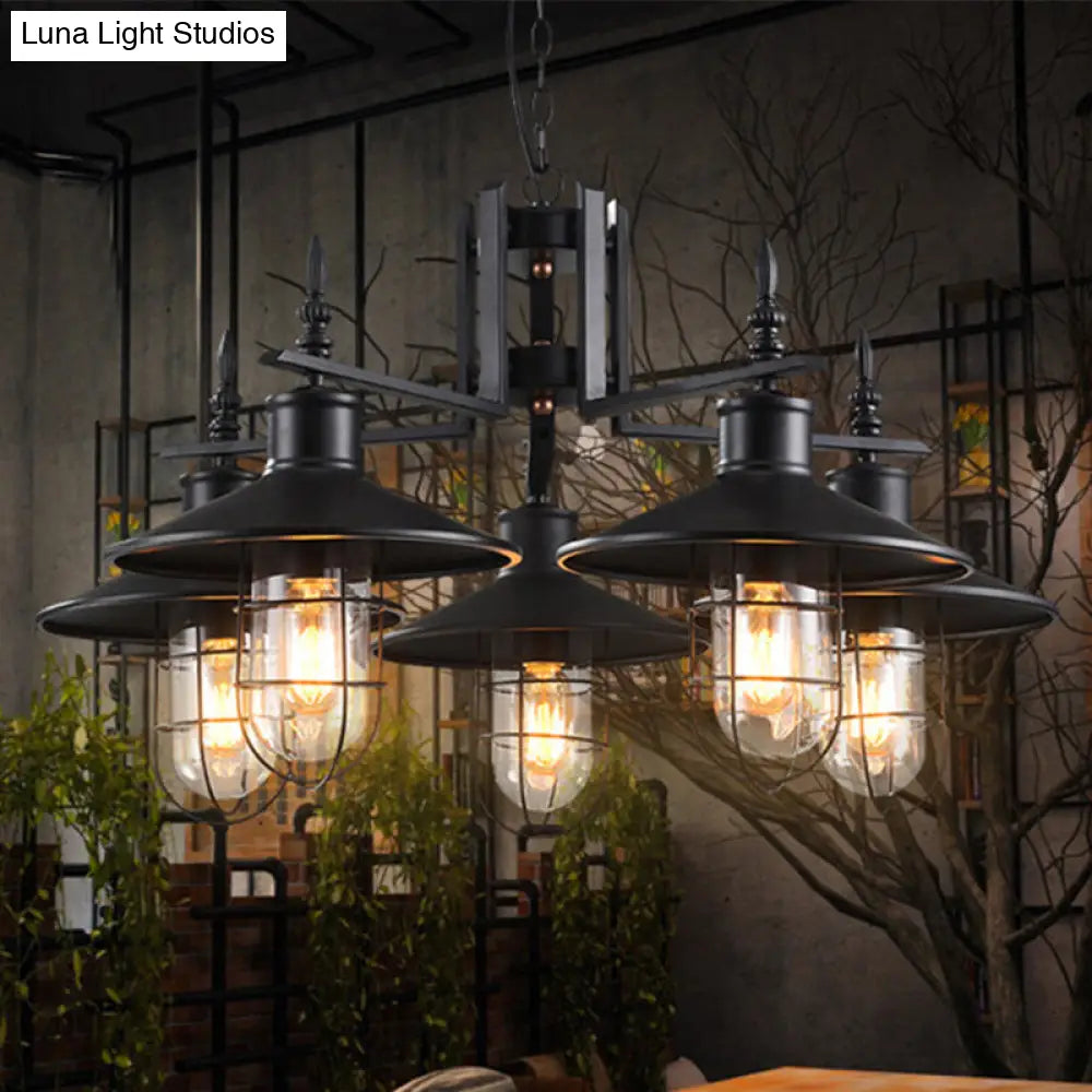 Industrial Black Clear Glass Cone Chandelier - 5-Light Pendant Fixture With Iron Cage For Dining