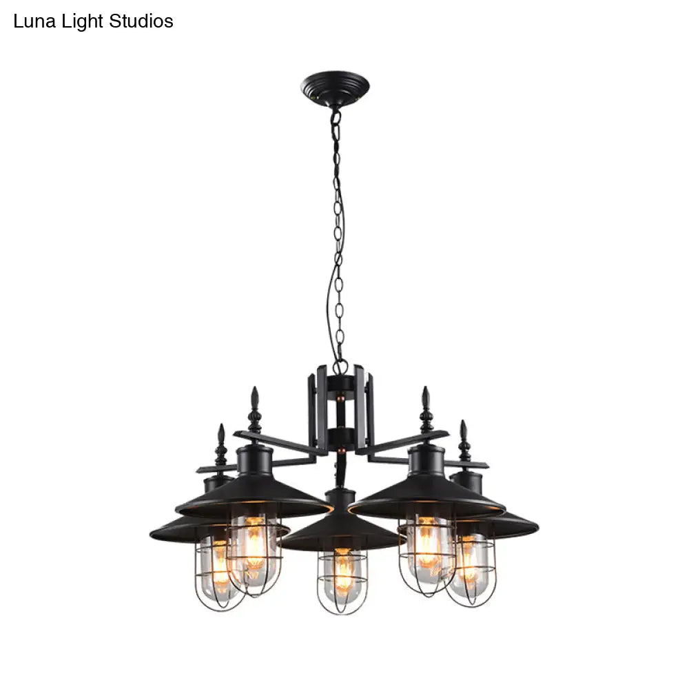 Industrial Black Cone Chandelier - 5-Light Clear Glass Pendant Light Fixture With Iron Cage For