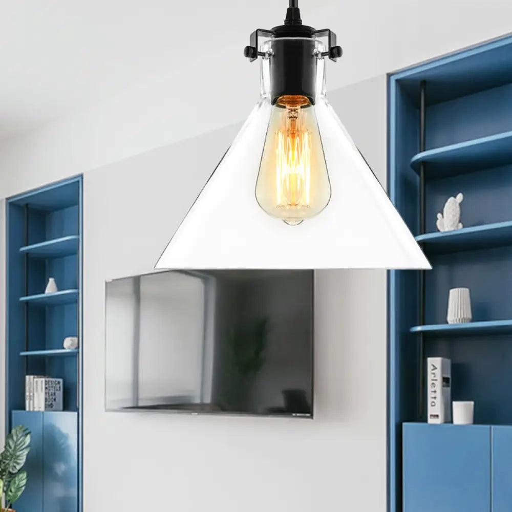 Industrial Black Cone Pendant Lighting - Clear Glass Hanging Light Fixture For Living Room