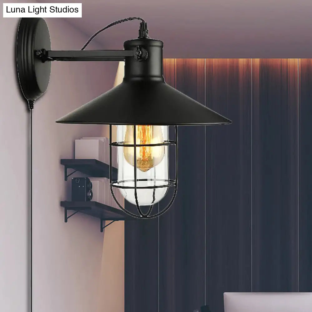 Industrial Black Cone Sconce With Clear Glass - Kitchen Wall Lamp Cage And Plug-In Cord