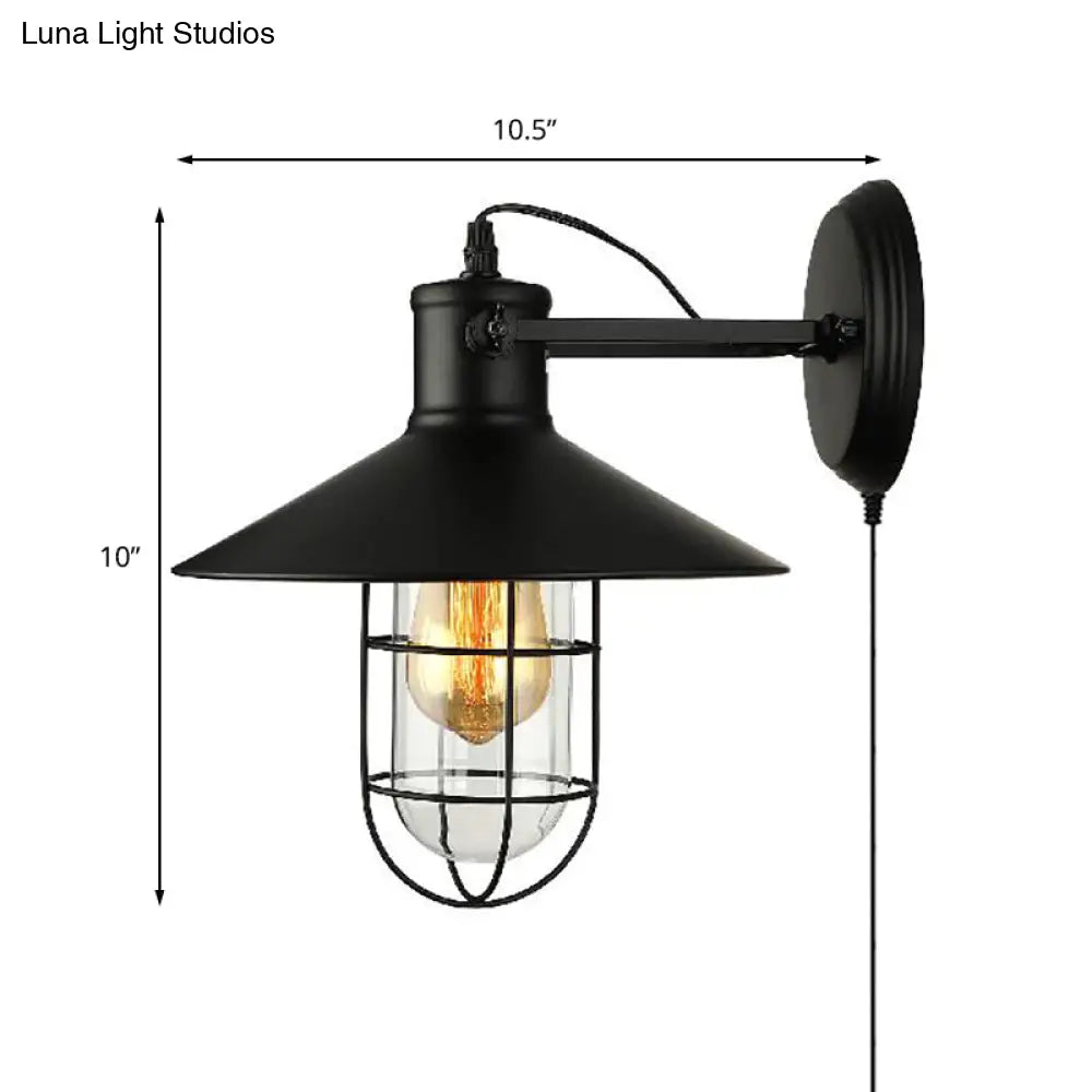 Industrial Black Cone Sconce With Clear Glass - Kitchen Wall Lamp Cage And Plug-In Cord