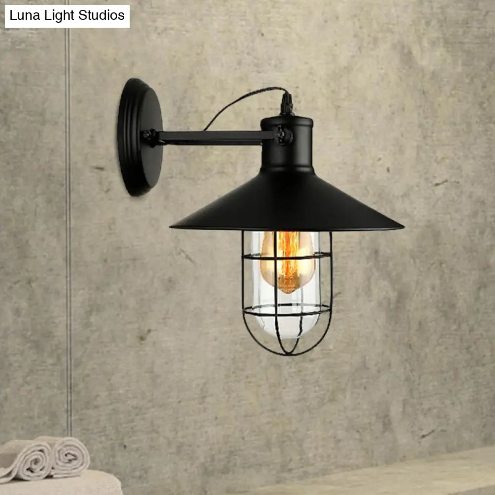 Industrial Black Cone Sconce With Clear Glass - Kitchen Wall Lamp Cage And Plug-In Cord