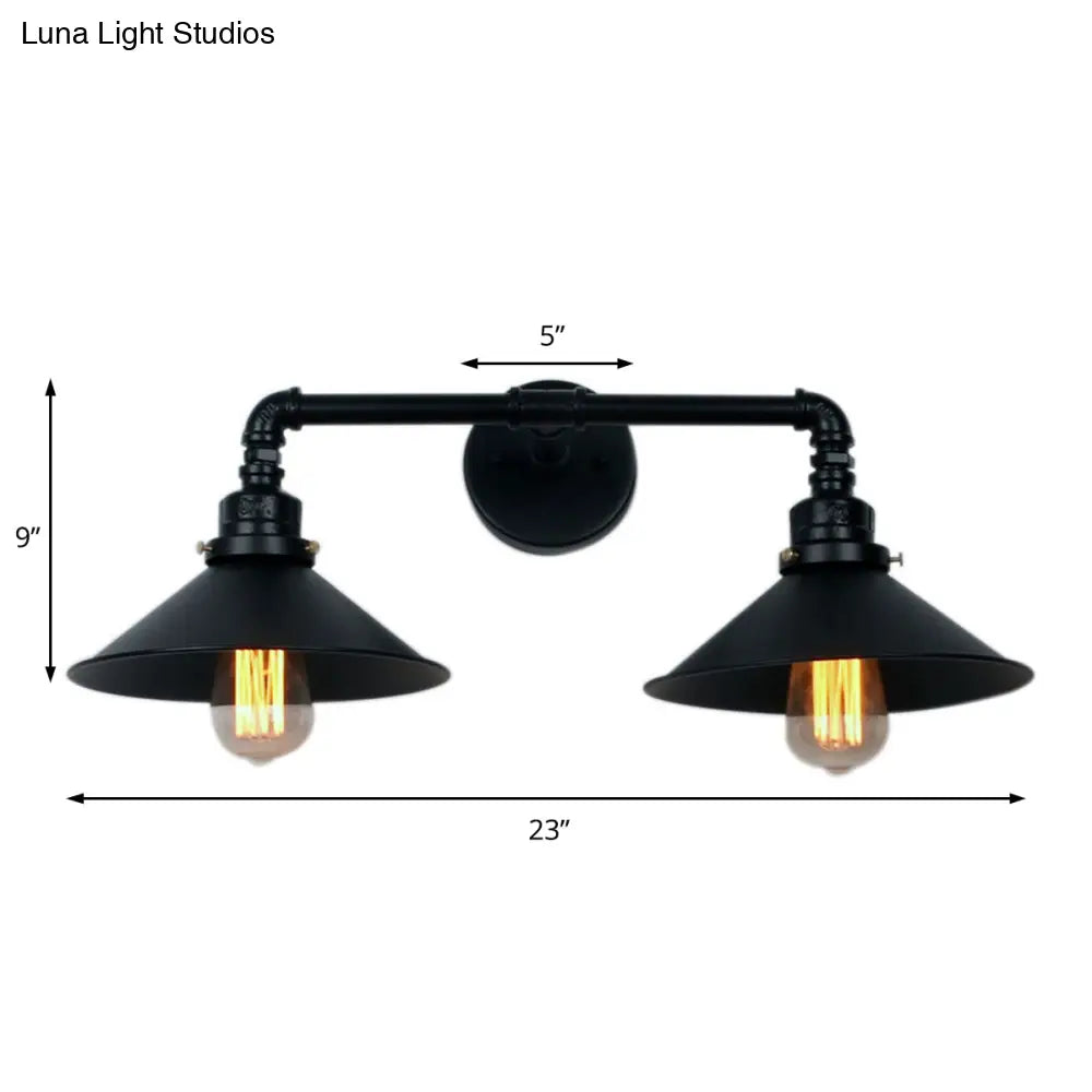 Industrial Black Cone Wall Sconce With 2 Metal Lights For Living Room