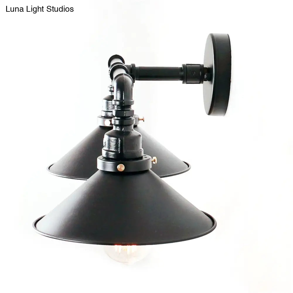 Industrial Black Cone Wall Sconce With 2 Metal Lights For Living Room