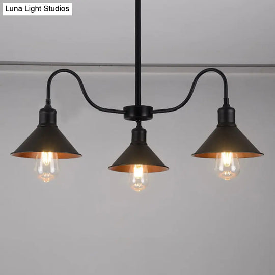 Industrial Metal Black Conical Pendant Lamp With 3 Heads & Curved Arm - Kitchen Chandelier Light