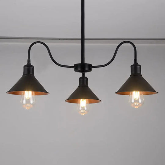 Industrial Black Conical Pendant Kitchen Chandelier With 3 Metal Heads & Curved Arm