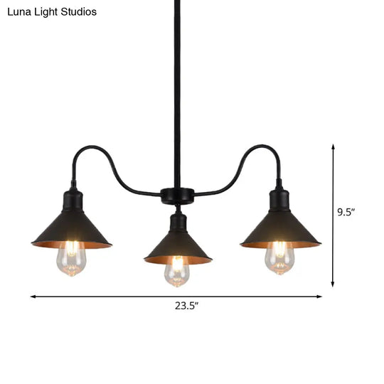 Industrial Metal Black Conical Pendant Lamp With 3 Heads & Curved Arm - Kitchen Chandelier Light