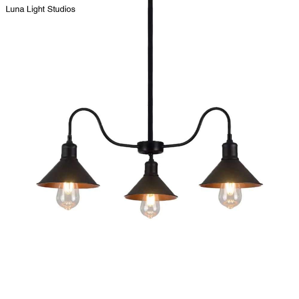 Industrial Black Conical Pendant Kitchen Chandelier With 3 Metal Heads & Curved Arm