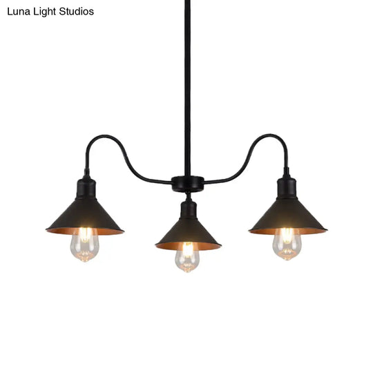 Industrial Black Conical Pendant Kitchen Chandelier With 3 Metal Heads & Curved Arm