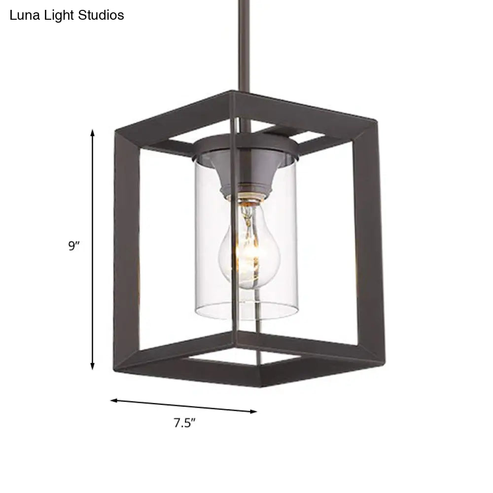 Industrial Black Cylinder Glass Pendant Light - Clear Living Room Ceiling Fixture