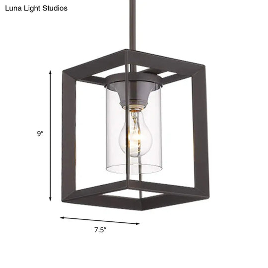 Industrial Black Cylinder Glass Pendant Light - Clear Living Room Ceiling Fixture