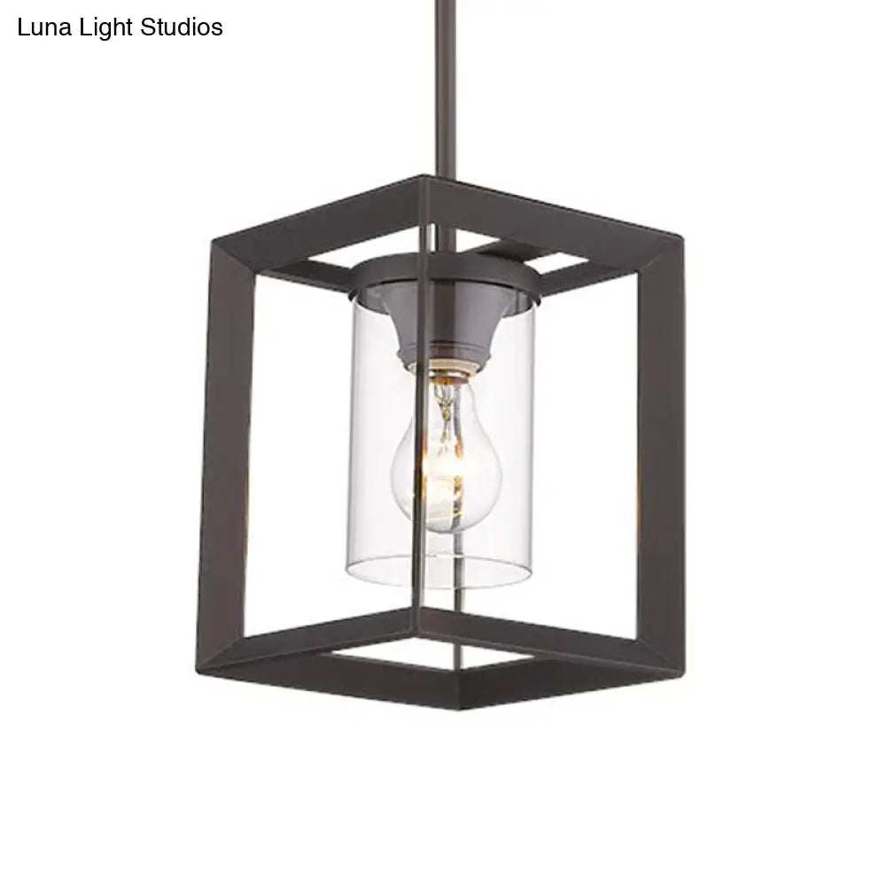 Industrial Black Cylinder Glass Pendant Light - Clear Living Room Ceiling Fixture