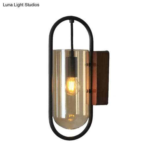 Industrial Black Cylinder Sconce Lighting - Clear/Amber Glass Wall Mount Fixture