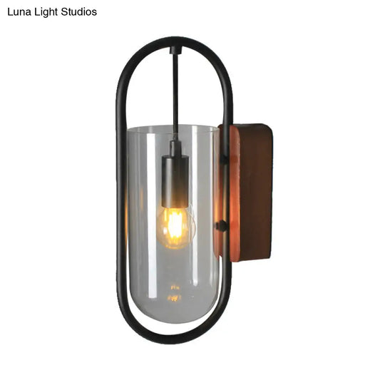 Industrial Black Cylinder Sconce Lighting - Clear/Amber Glass Wall Mount Fixture