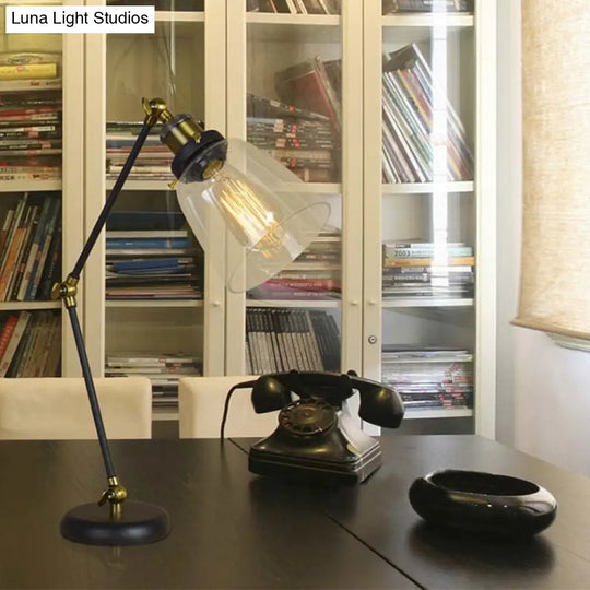 Industrial Black Desk Lamp With Swing Arm & Tapered Clear Glass Shade