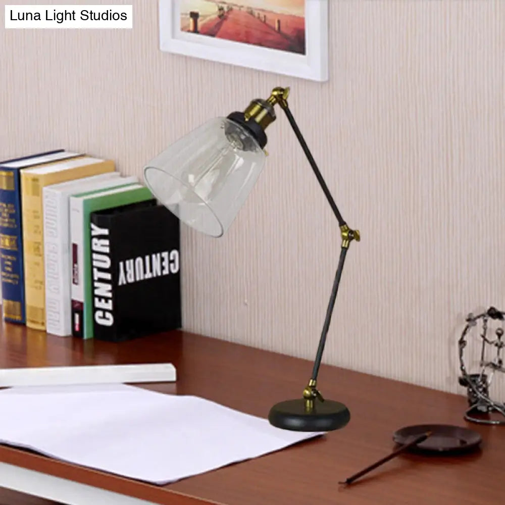 Industrial Black Desk Lamp With Swing Arm & Tapered Clear Glass Shade