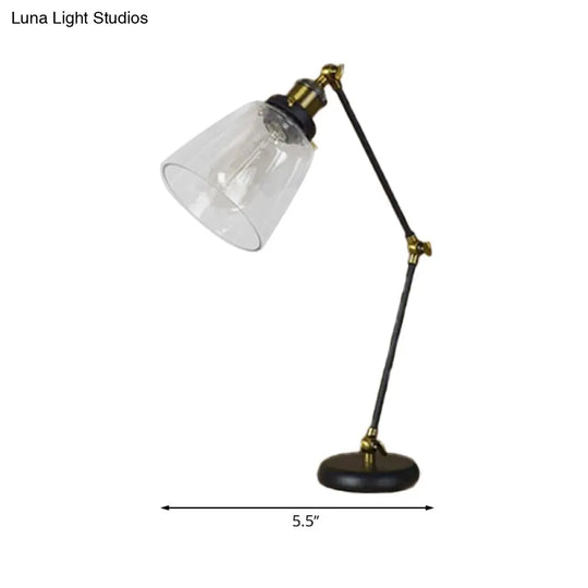 Industrial Black Desk Lamp With Swing Arm & Tapered Clear Glass Shade