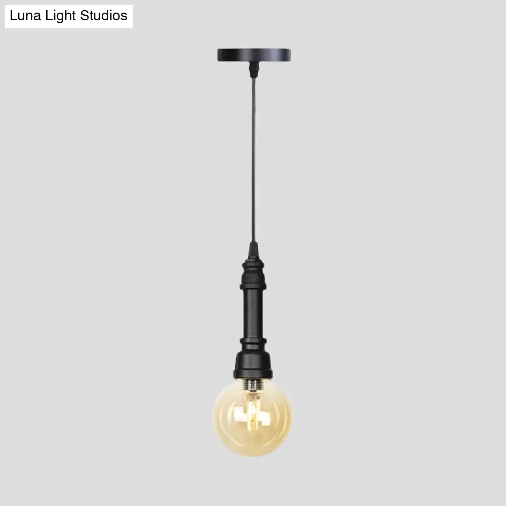 Industrial Black Ball/Capsule Suspension Light With Amber Glass - Ceiling Pendant Pipe Lamp (1