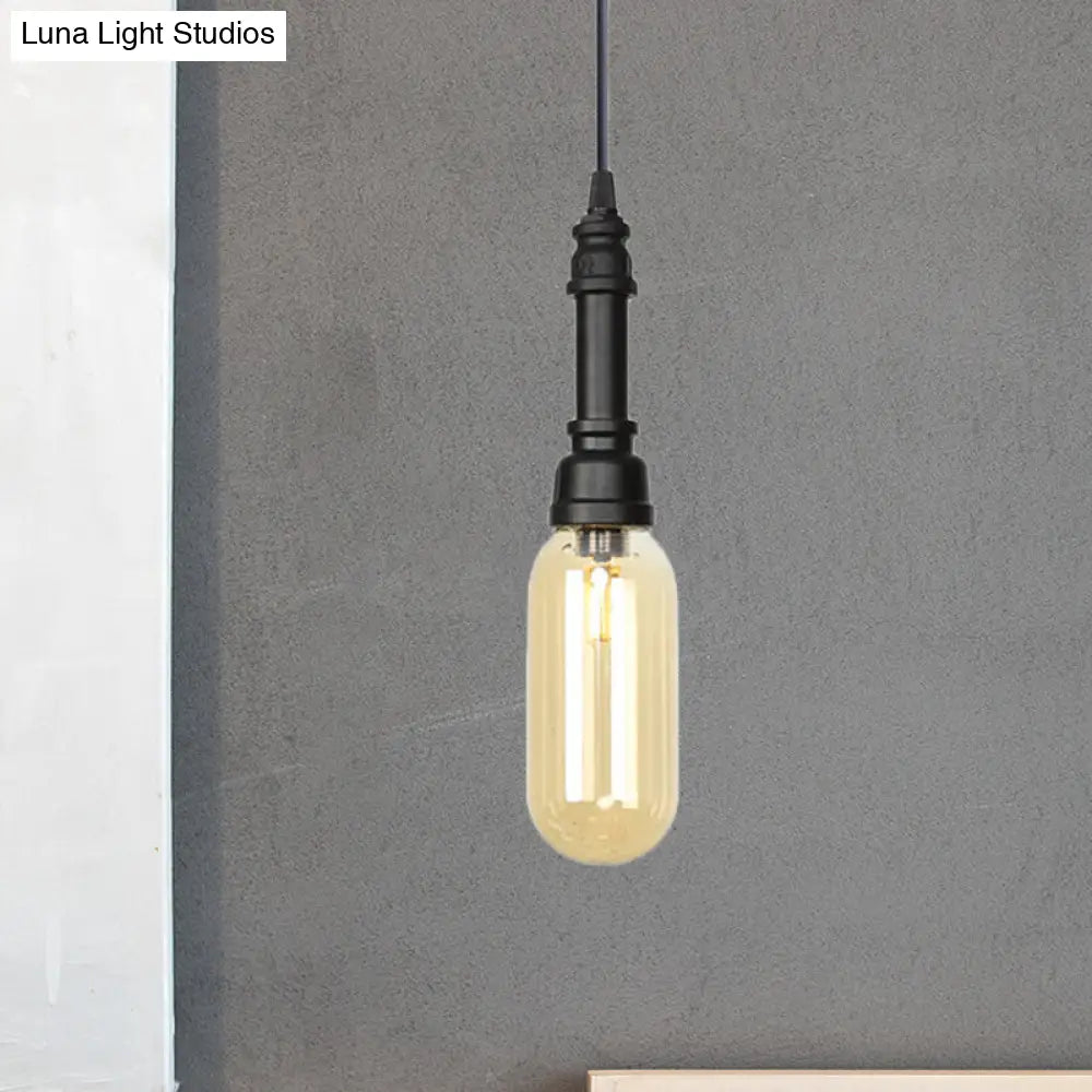 Industrial Black Ball/Capsule Suspension Light With Amber Glass - Ceiling Pendant Pipe Lamp (1