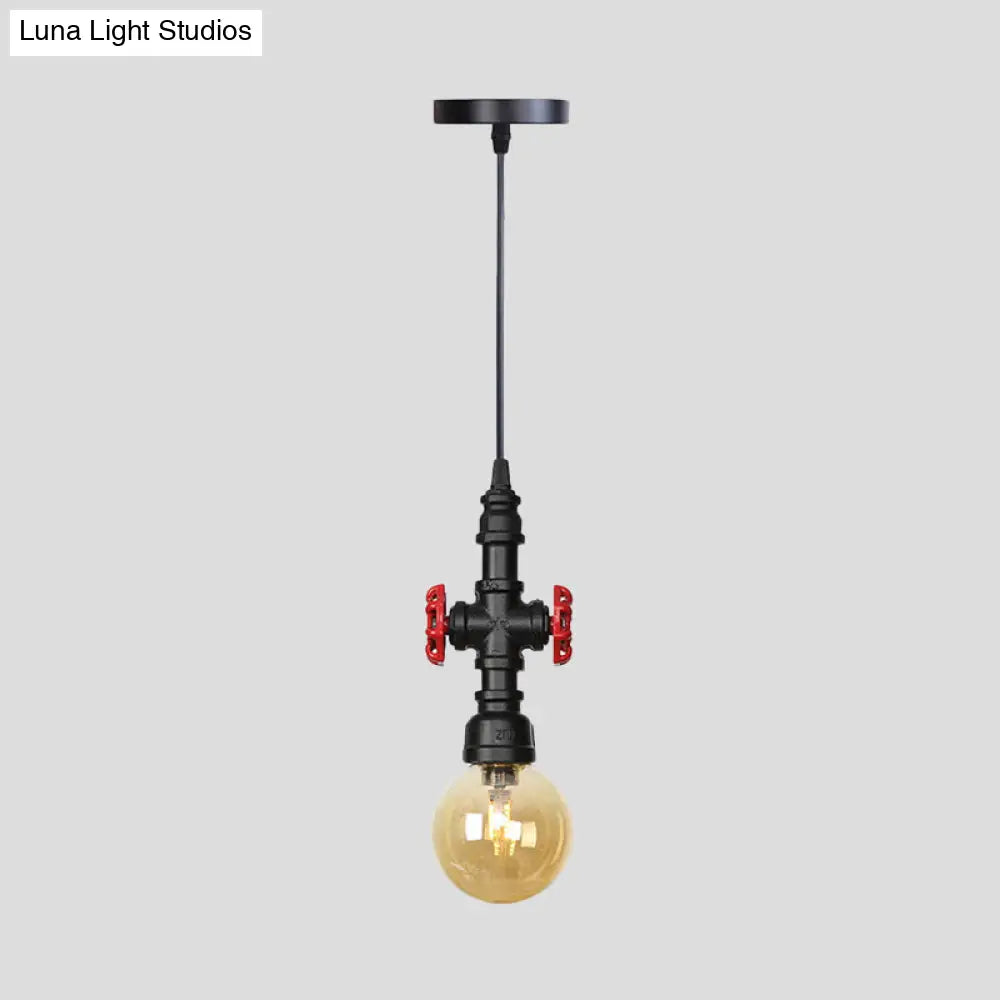 Industrial Black Finish Amber Glass Pendant Lamp With Pipe Suspension - 1-Light Ball/Capsule