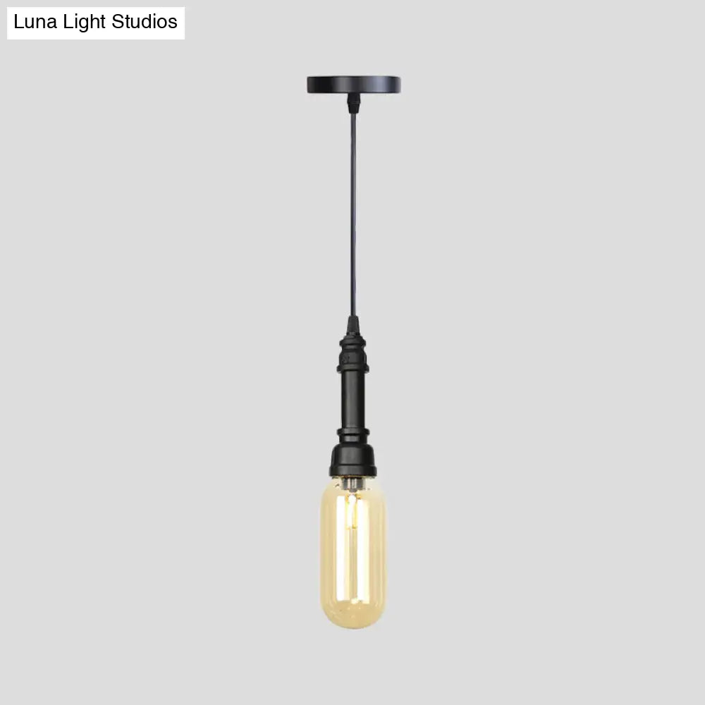 Industrial Black Finish Amber Glass Pendant Lamp With Pipe Suspension - 1-Light Ball/Capsule