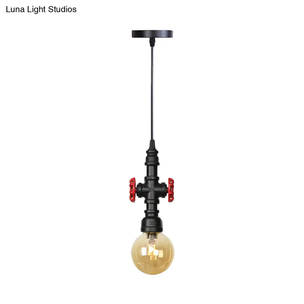 Industrial Black Finish Amber Glass Pendant Lamp With Pipe Suspension - 1-Light Ball/Capsule