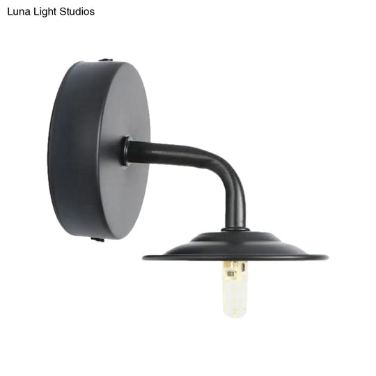 Industrial Black Finish Wall Sconce With Metallic Flat Shade - Bedroom Mounted Lamp