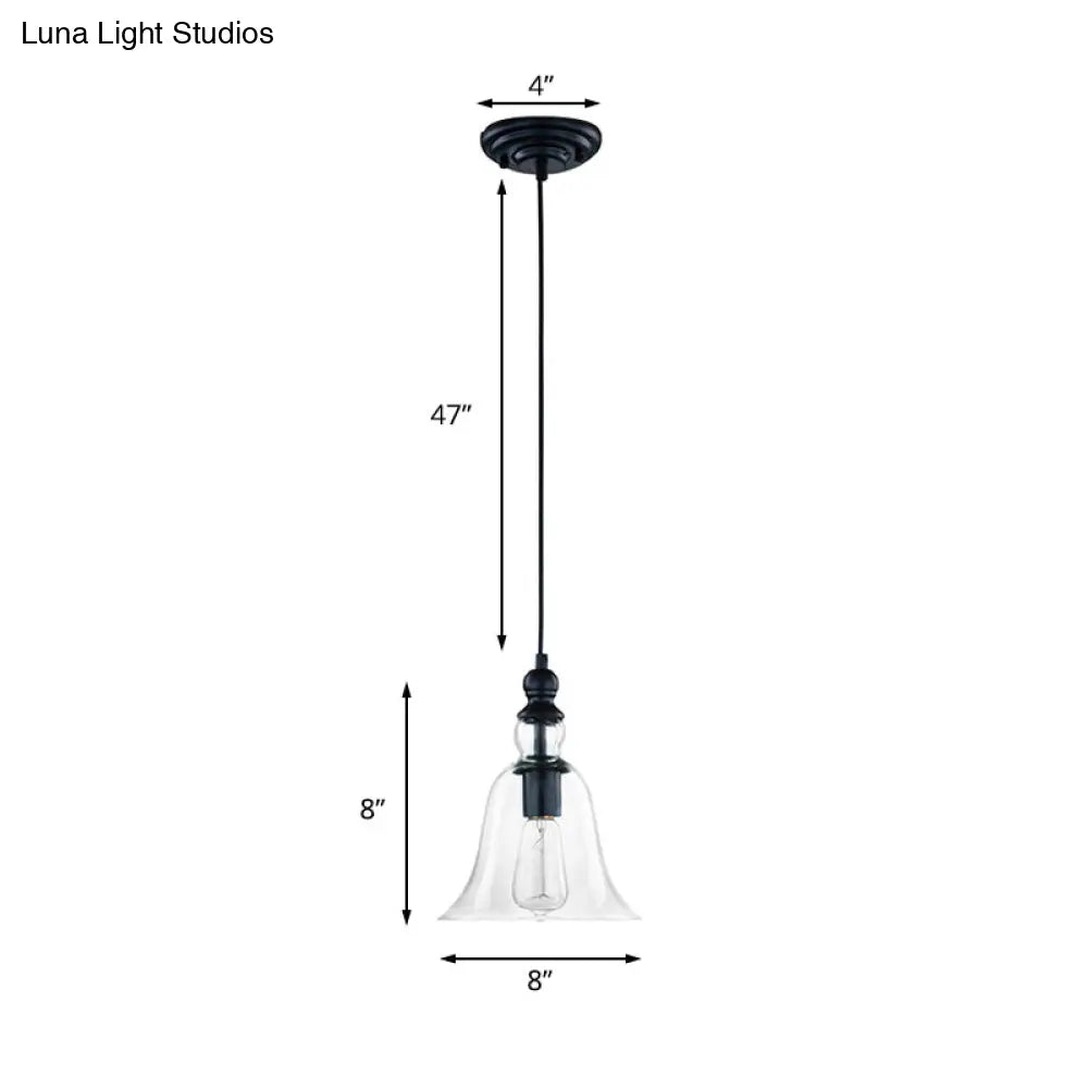 Industrial Flared Ceiling Light - Black And Clear Glass Pendant Lighting Fixture For Dining Room