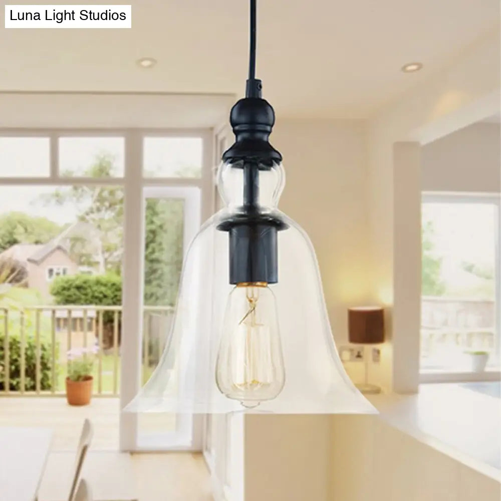 Industrial Flared Ceiling Light - Black And Clear Glass Pendant Lighting Fixture For Dining Room