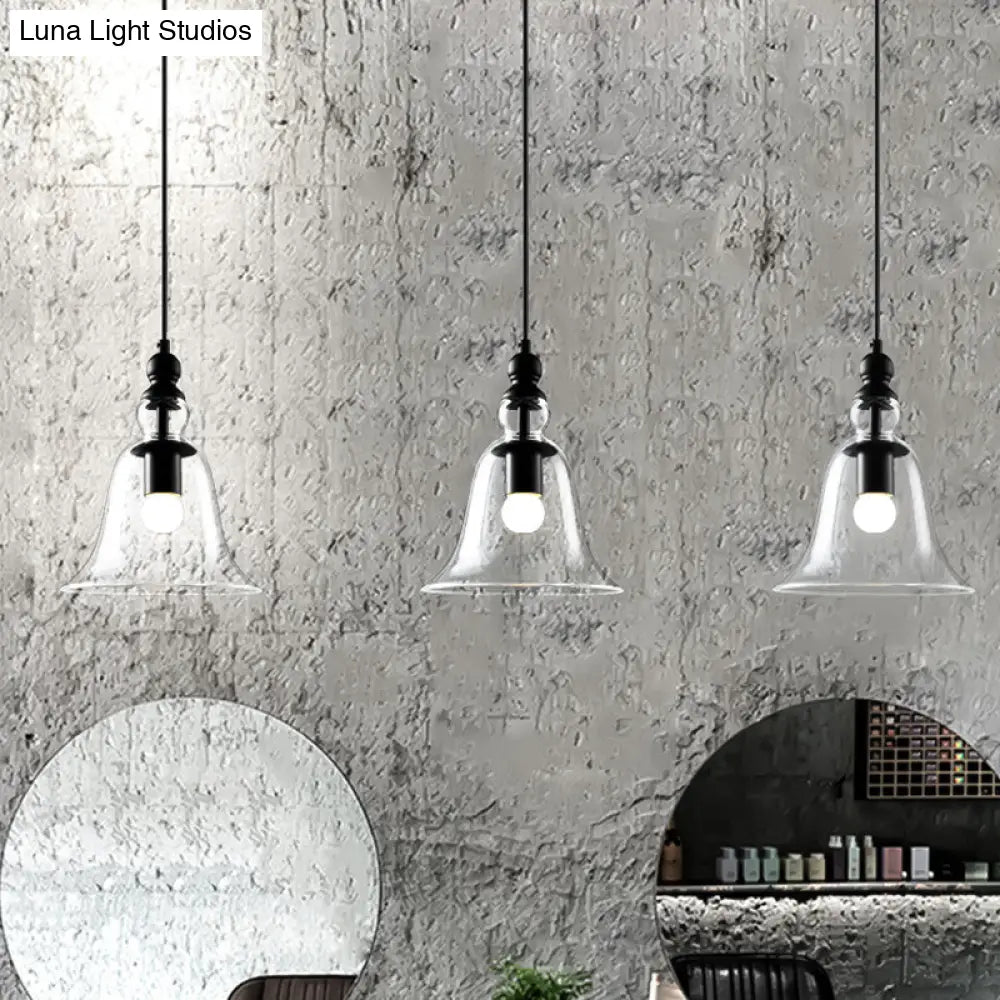 Industrial Flared Ceiling Light - Black And Clear Glass Pendant Lighting Fixture For Dining Room