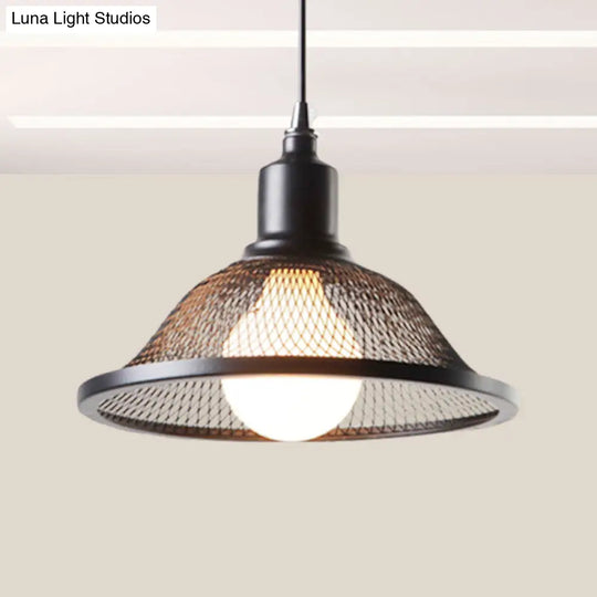 Industrial Black Flared Pendant Light With Mesh Cage - Stylish Hanging Lighting Fixture