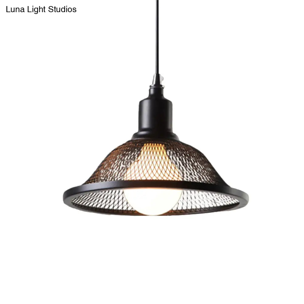 Industrial Black Flared Pendant Light With Mesh Cage - Metallic Hanging Lighting Fixture