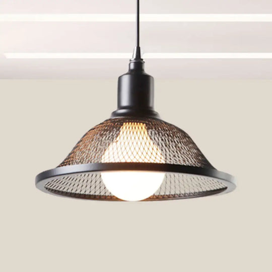 Industrial Black Flared Pendant Light With Mesh Cage - Metallic Hanging Lighting Fixture