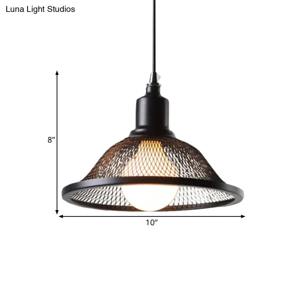 Industrial Black Flared Pendant Light With Mesh Cage - Stylish Hanging Lighting Fixture