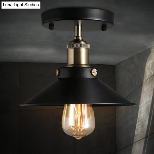 Industrial Black Flared Shade Semi Flush Ceiling Light With 1 Bulb - Corridor Mount