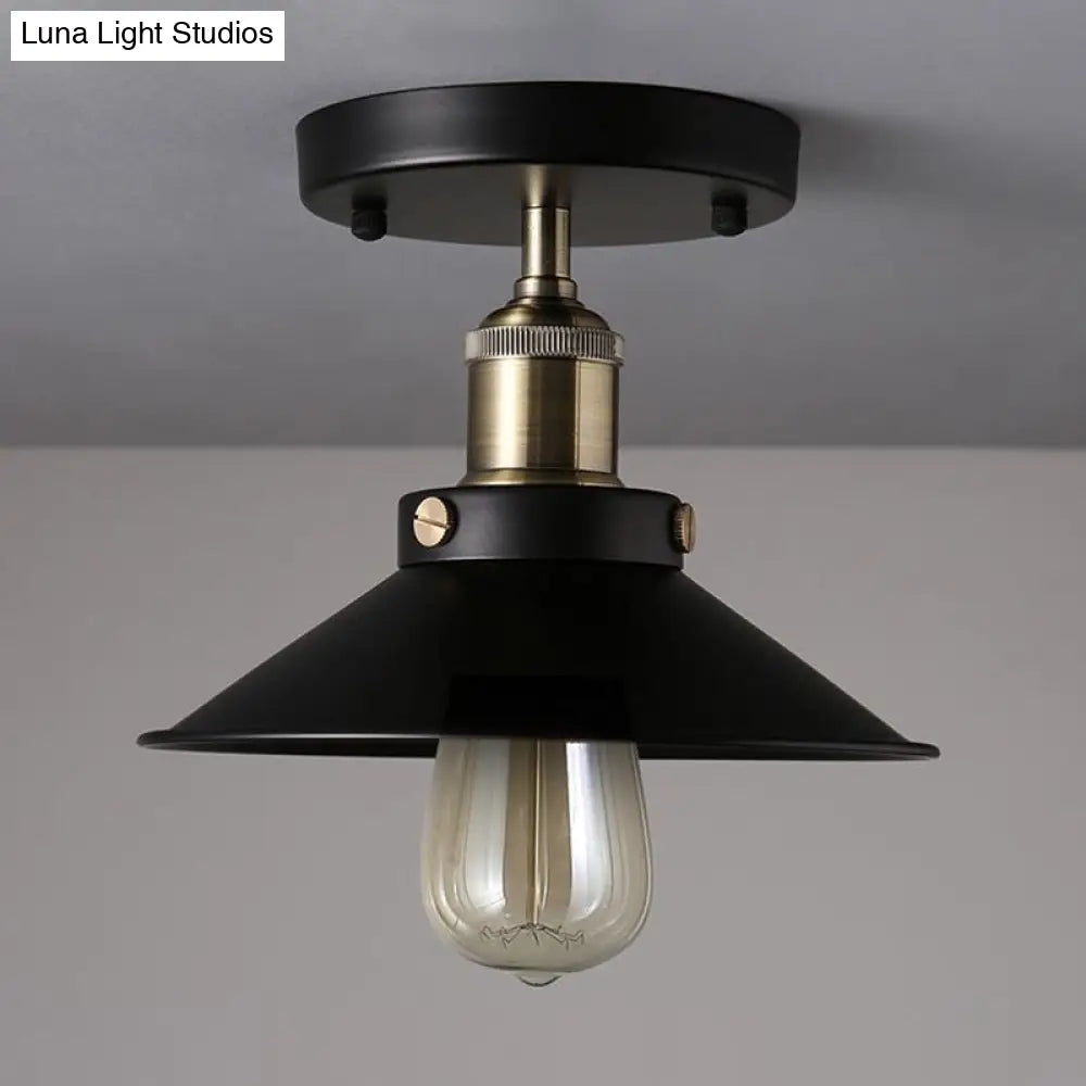 Industrial Black Flared Shade Semi Flush Ceiling Light With 1 Bulb - Corridor Mount