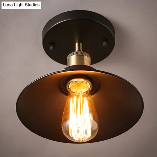 Industrial Black Flared Shade Semi Flush Ceiling Light With 1 Bulb - Corridor Mount