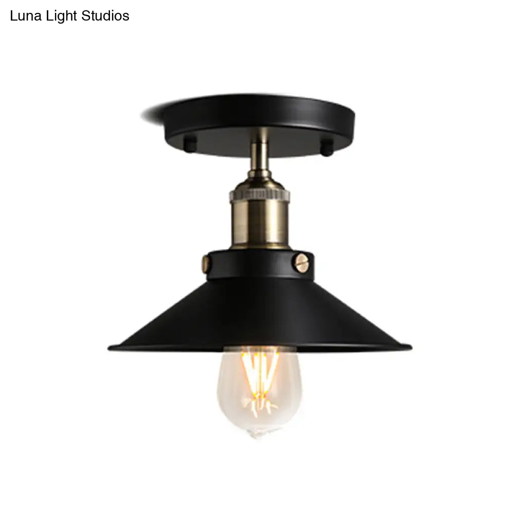 Industrial Black Flared Shade Semi Flush Ceiling Light With 1 Bulb - Corridor Mount